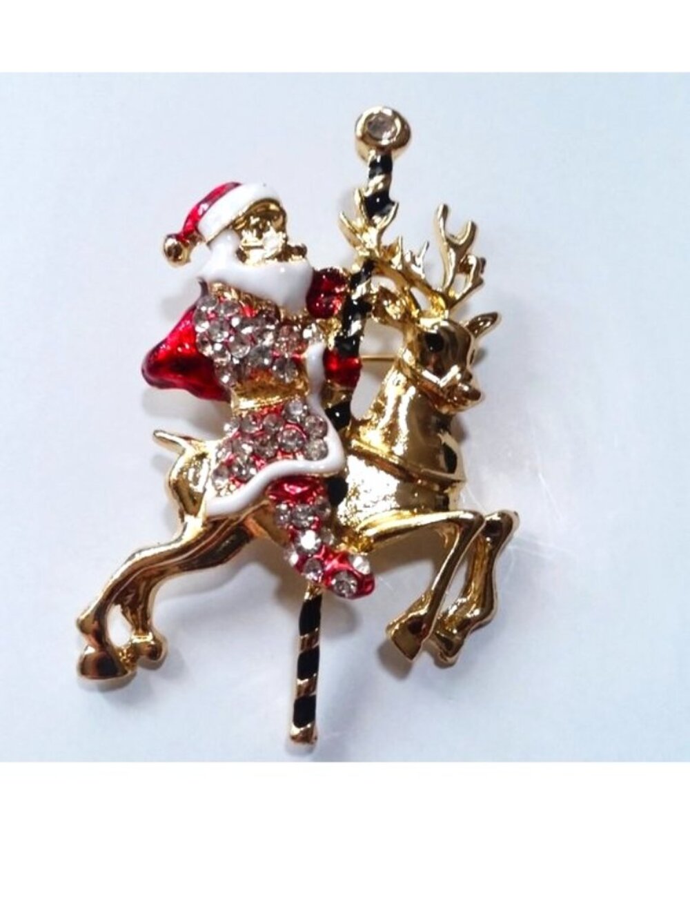 Christmas Brooch Santa Reindeer Rhinestones Stylish Gold Trendy Glam Holiday